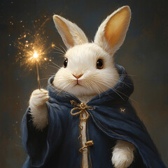 A whimsical rabbit in wizards robe holds tiny magic wand, radiating enchantment and charm. This delightful scene captures essence of fantasy and wonder