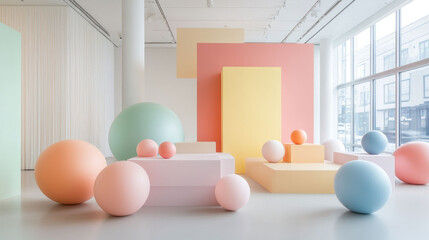 Aufkleber - Colorful geometric spheres and shapes create vibrant modern art installation in spacious gallery. pastel colors evoke sense of playfulness and creativity