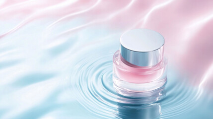 Poster - cosmetic product sits elegantly on pastel surface, surrounded by gentle water ripples, creating serene and calming atmosphere