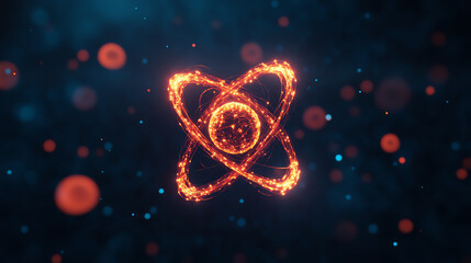 An artistic representation of an atom with glowing orange particles on a dark background, showcasing the beauty of atomic structure and energy.