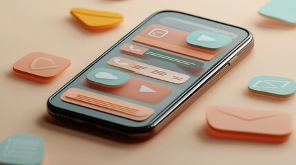 3D vector graphic of a smartphone displaying messaging apps, with animated chat bubbles emerging, illustrating modern communication.