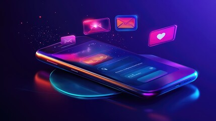3D vector graphic of a smartphone displaying messaging apps, with animated chat bubbles emerging, illustrating modern communication.