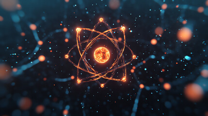 Abstract representation of an atom surrounded by glowing particles, illustrating scientific concepts in a visually striking manner on a dark background.