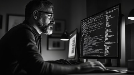 A programmer types intricate code on a screen focused and immersed in the night