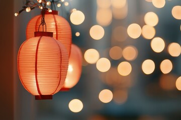 Poster - Couple of red lanterns suspended from the ceiling, perfect for decorating events or home spaces