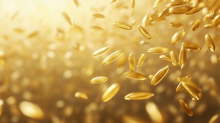 Close-up of shiny golden rice grains falling against a blurred background.