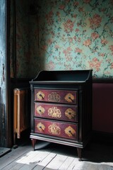 Poster - A wooden chest of drawers placed against floral wallpaper in a room