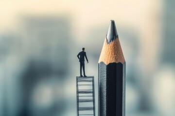 Aufkleber - A person climbing a ladder next to a large pencil, great for illustration or educational purposes