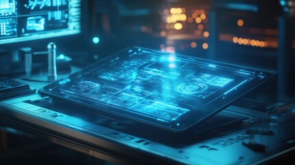 Leinwandbilder - Futuristic Tablet with Blue Glowing Interface