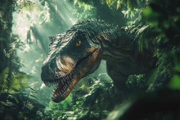 Poster - Close-up view of a dinosaur roaming through the forest