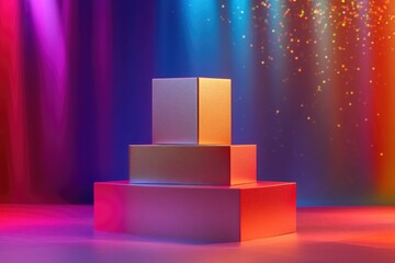 Poster - Three boxes stacked on top of each other with colorful lights in the background, suitable for illustrations or designs related to celebrations, parties, or events