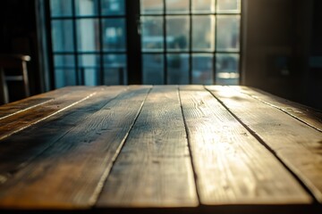 Poster - A simple wooden table placed in front of a window, great for interior designs or photography settings