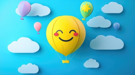 Wall Mural - Hot air balloon soaring in the sky with a smiling face, suitable for travel, adventure and celebration themes