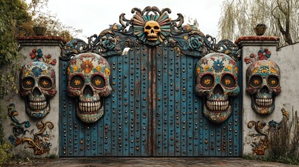 Poster - A mysterious gate with three skulls, often used as a symbol of entrance or warning