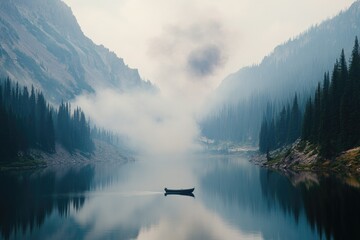 Aufkleber - A small boat is floating on the surface of a calm lake, surrounded by nature