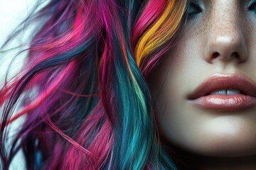 Sticker - A close-up shot of a person with vibrant and colorful hair, great for highlighting fashion or individuality