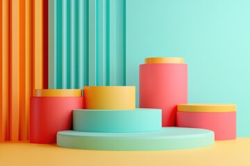 Poster - A collection of brightly colored containers arranged on a table for display or storage
