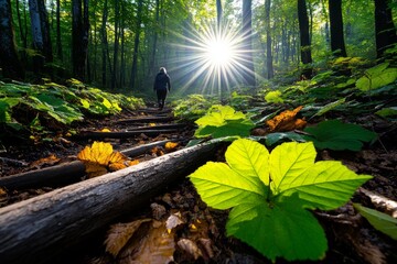 Poster - First light shining through a forest, with a person walking or hiking on a quiet path, surrounded by the peaceful sounds of nature waking up