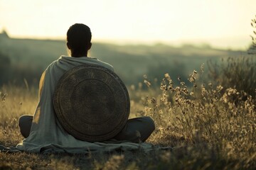 Canvas Print - A person relaxing in a field, wearing a hat for sun protection