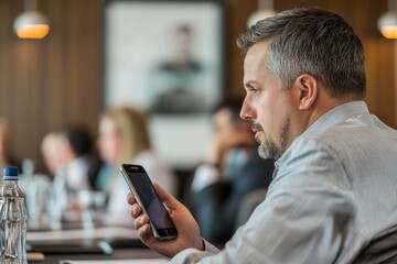 Poster - A person seated at a desk using their smartphone, possibly for work or personal purposes