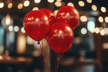 Poster - A cluster of red balloons tied together, sitting on a table surface