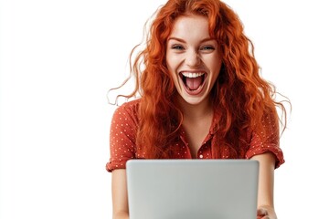 Poster - A person with red hair is sitting and holding a laptop, possibly working or studying