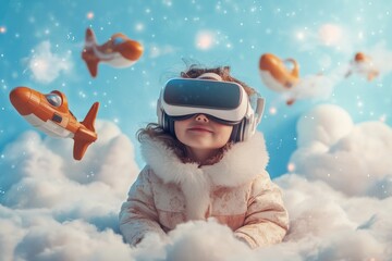 Poster - A young child wearing a virtual reality headset surrounded by clouds, ideal for use in technology and innovation concepts