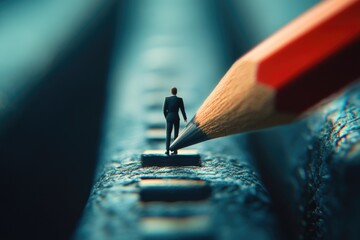 Aufkleber - A small figurine perched atop a writing pencil, ideal for use in illustrations or graphic designs