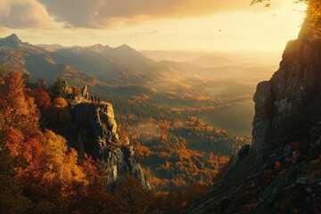 Poster - A scenic view of a mountain range with trees and greenery in the foreground