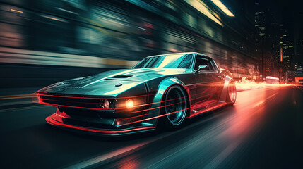 Wall Mural - Street racing scene with sport car in neon lights. Speed lines and light trails of night urban drive.