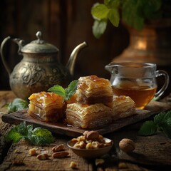 Wall Mural - A delicious selection of pastries served with a warm cup of tea