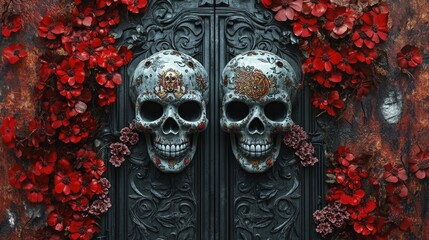 Poster - Two skulls sitting atop a door, possibly as a decoration or symbol