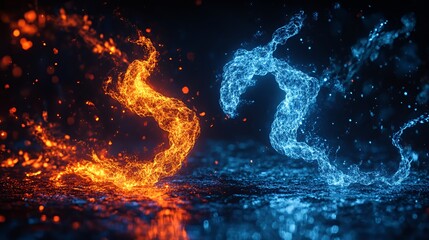 Abstract fiery orange and glowing blue abstract shapes on black background with particles.