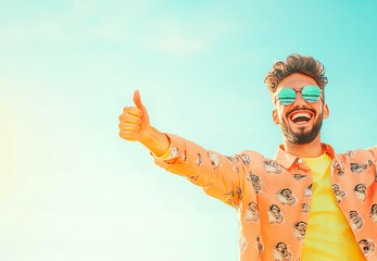 happy young man with thumbs up, celebrate a success and achievement. background with copy space
