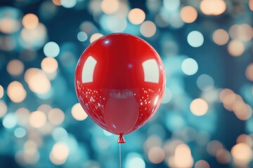 Poster - A red balloon floats in the air, illuminated by bright lights in the background