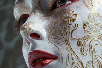 Sticker - A close-up shot of a woman's face with gold paint applied to her skin, suitable for use in beauty or artistic contexts