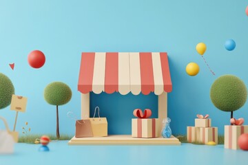 Canvas Print - Colorful balloons and gifts on a blue surface in a toy shop