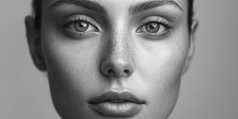 Wall Mural - A close-up portrait of a woman's face in monochrome tones