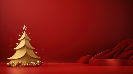 Poster - Christmas tree card template with red background. Xmas winter holidays card with fir and golden balls.