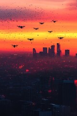Poster - Aerial view of a city during sunset, planes flying overhead