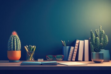 Poster - A quiet study area with a cactus, books, and stationery