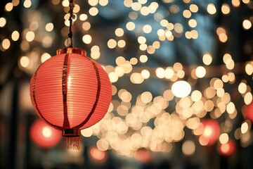 Canvas Print - A single red paper lantern hanging from a string against a dark background