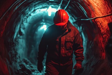 Poster - A person walks through a dark tunnel wearing a bright red hat, good for use in illustrations or backgrounds