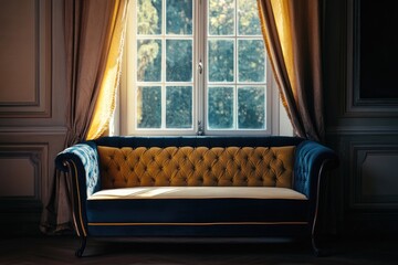Poster - A couch sitting in front of a window in a room, perfect for interior design or furniture demonstration