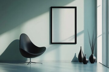 Poster - A simple black chair sits next to a window in a quiet room
