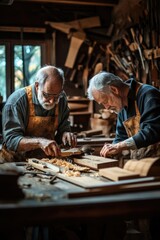 Poster - Two elderly gentlemen crafting a wooden item together