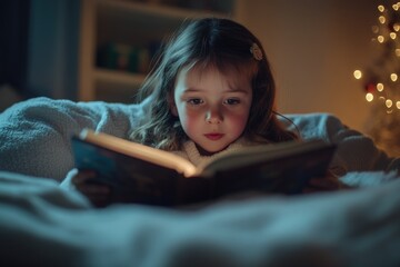 Poster - A little girl reading a book on her bed, often used for illustrations of childhood and education