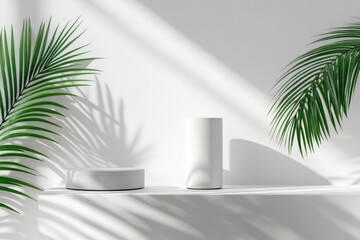 Poster - A minimalist home decor scene with a white shelf, a potted plant, and a speaker