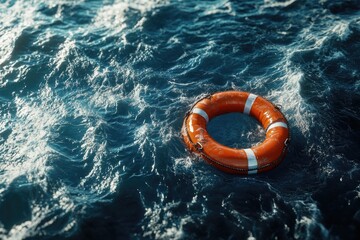 Poster - A life preserver floating on calm ocean waters, suitable for use as a symbol or visual motif