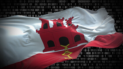 Binary code on flag of Gibraltar. Program source code or Hacker concept on Gibraltar flag. Gibraltar digital technology security, hacking or programming